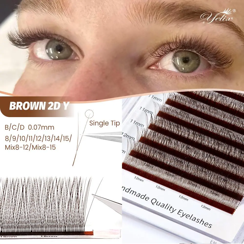 Yelix Brown Y Shaped Lashes 2D Y Eyelash Extensions 12Rows Mix 8-12/8-15mm Premium False Lashes Mesh Net Cross Lash Makeup Tools 2026 New