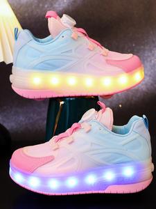 usb rechargeable led light up pink sneakers, trendy colorful roller skate shoes for boys & girls, luminous cool casual sports athletic shoes for daily life
