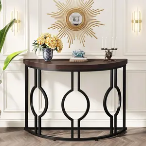 TRIBEWOOD 43 Inch Half Moon Console Table for Entryway Industrial Semi Circle Sofa Table Wood Accent Table for Living Room, Hallway, Foyer, Entrance, Rustic Brown