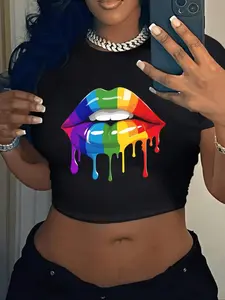 Women's Rainbow Lip Print Round Neck Crop Tee, Fashion Casual Crew Neck Short Sleeve T-Shirt for Daily Holiday Vacation Outdoor Wear, Ladies Clothes for Summer, Womenswear