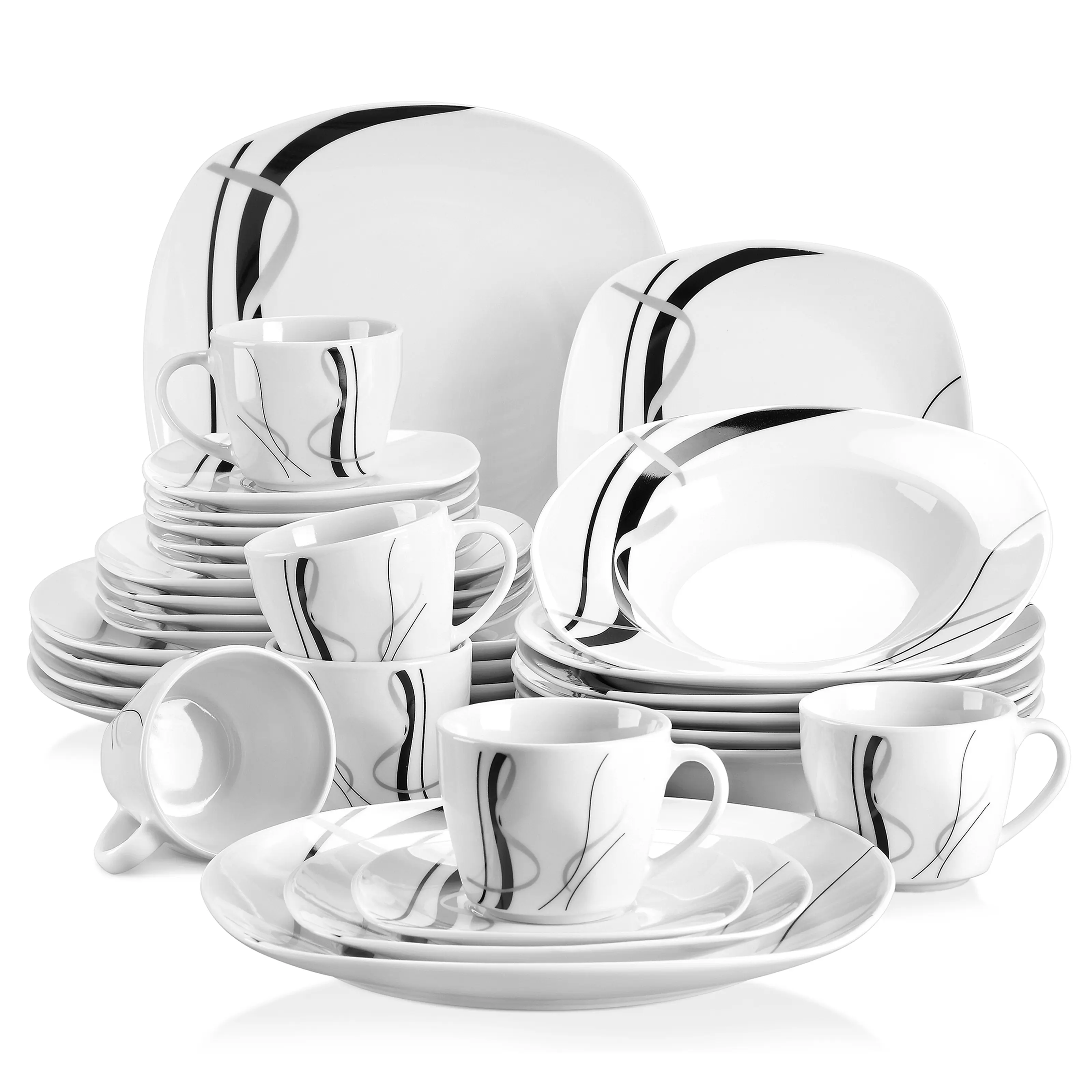 VEWEET Series Fiona, Classic Dinnerware Sets for 4/6, White Dishes Set with Black and Gray Stripes, Porcelain Dinner Set Including Dessert Plates, Soup Plates, Dinner Plates, Cups & Saucers