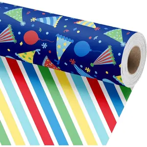 Birthday Wrapping Paper Roll, Reversible  Birthday  Wrap with Party Hats Balloons and Stripes, Colorful Fun Birthday Party Wrapping Paper for Boys and Girls, 17 Inch x 33