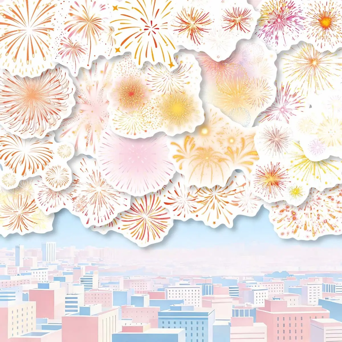 54Pcs Colorful Fireworks Stickers Pack, Waterproof Festive Celebration & Sparkle Fireworks Vinyl Decals for Laptop, Water Bottle, Journal & Scrapbook, Festival Gift