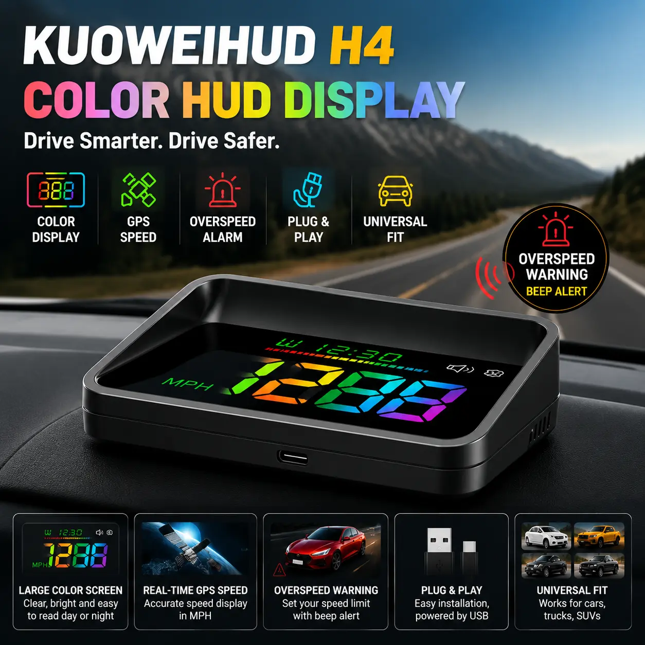 KUOWEIHUD H4 Color HUD Display for Cars, Large Screen GPS Digital Speedometer with Overspeed Warning, Real-Time MPH Speed Display, USB Plug & Play Car Accessor