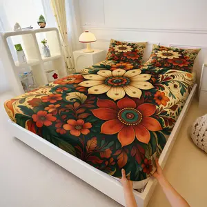 3Pcs Vintage Boho Floral Fitted Sheet Set No Fillers, Retro Rustic Botanical Flower Bed Sheet Set, Aesthetic Bohemian Bedding Set with Pillowcases, Deep Pocket for Women Adults, For Bedroom Living Room Home Decor