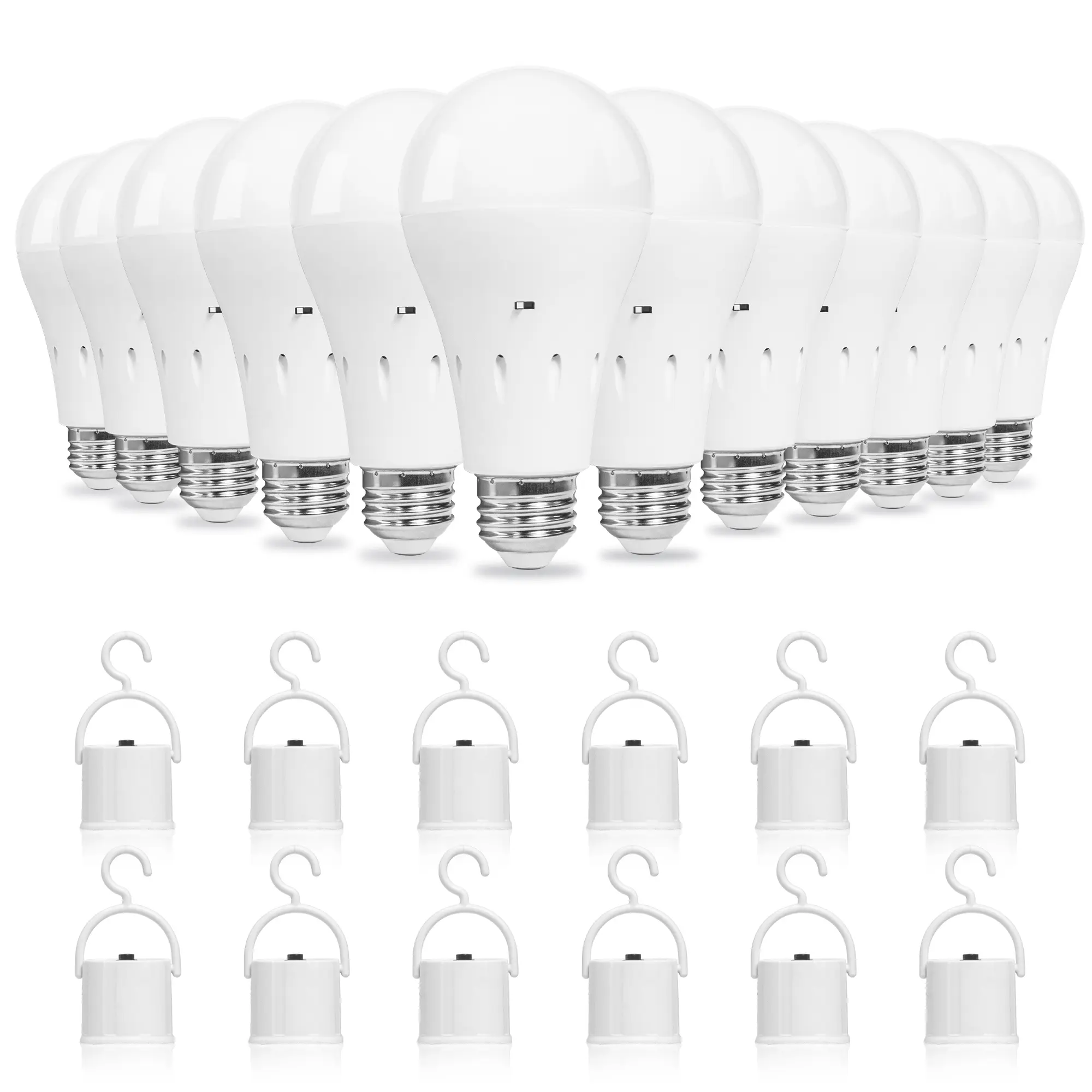 12-piece rechargeable emergency flashlight bulb kit, adjustable color temperature of 3000k/5000k, built-in 2000mAh battery, powered by AC power supply, suitable for indoor home/reading lamp use, as well as outdoor power outage/camping applications
