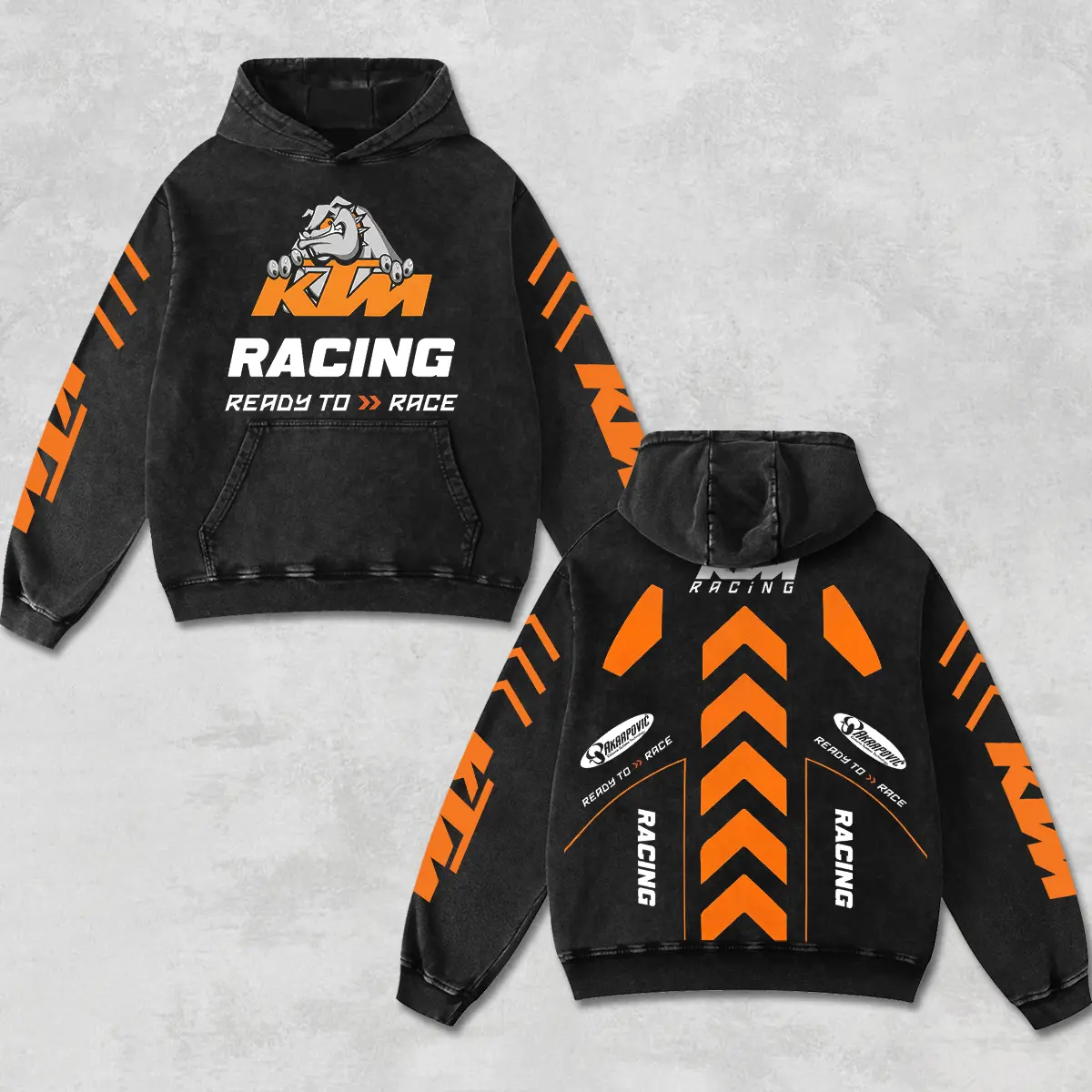 Retro Orange KTM Racing Bulldog Hoodie Black Acid Washed, Akrapovic Motocross Enthusiast, Motorcycle Dirt Bike Graphic Streetwear, Heavyweight Sweatshirt, Retro Moto Gear Motorbike Apparel Men’s Grunge Y2K Racing Jacket Style Oversized Vintage Clothes