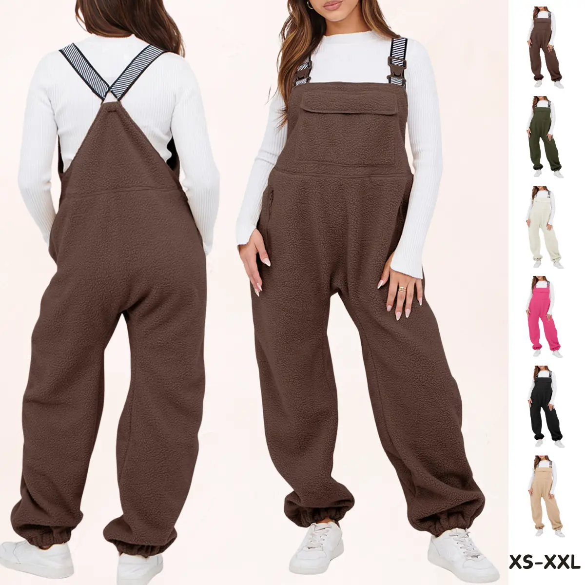 Women's Fleece Sherpa Overall Bib Pants, Fuzzy Loose Fit Adjustable Straps Jumpsuit, Zippered Pockets Thermal Baggy Buckle Overalls, 2026 Fall Winter Casual Warm Loungewear