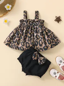 Spring Summer Baby Girl Outfit Set, Leopard Print Sleeveless Top & Black Bow Pants, Cute Slim-Fitting Outfit, Above the Knee Length