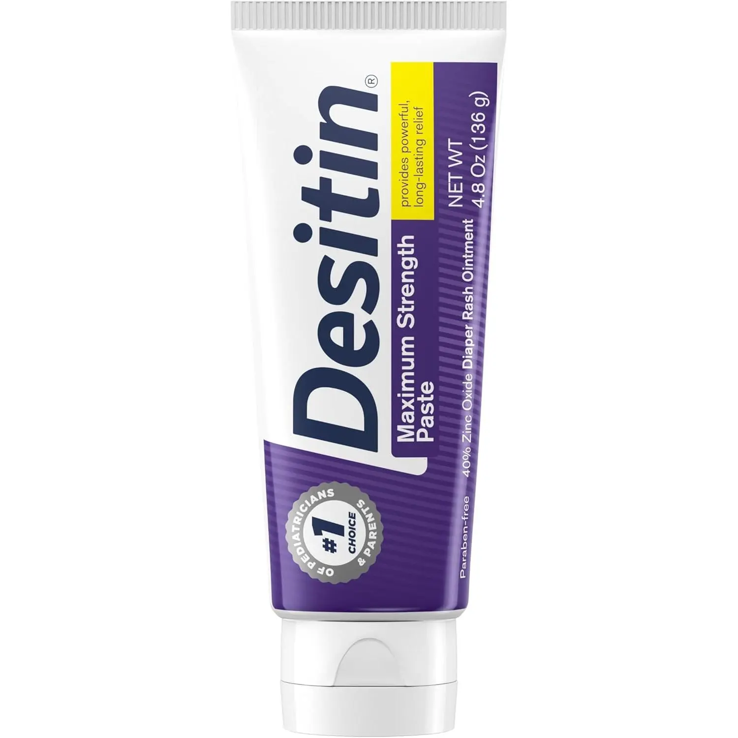 Diaper Rash Cream, Desitin Maximum Strength 40% Zinc Oxide Paste, 4.8 oz Tube for Long-Lasting Wetness Protection Easy Spreading