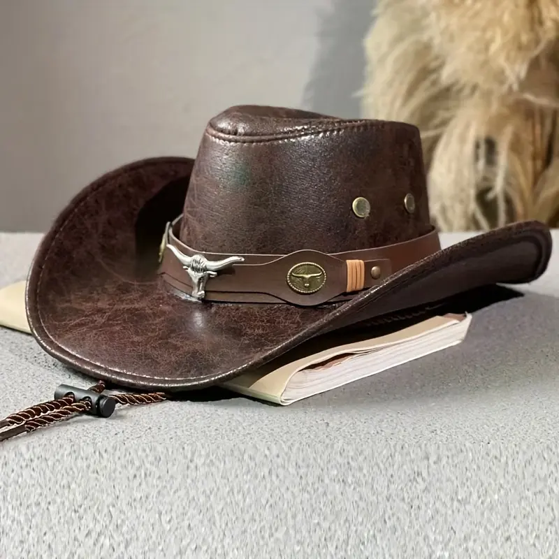 2026 New Model Classic Western Cowboy Hat with Bull Head Belt Buckle, Wide Brim PU Leather Jazz for Sun Protection Design Spring, Summer, and Fall Outdoor Activities, Headwear| Accessories Premium Qual