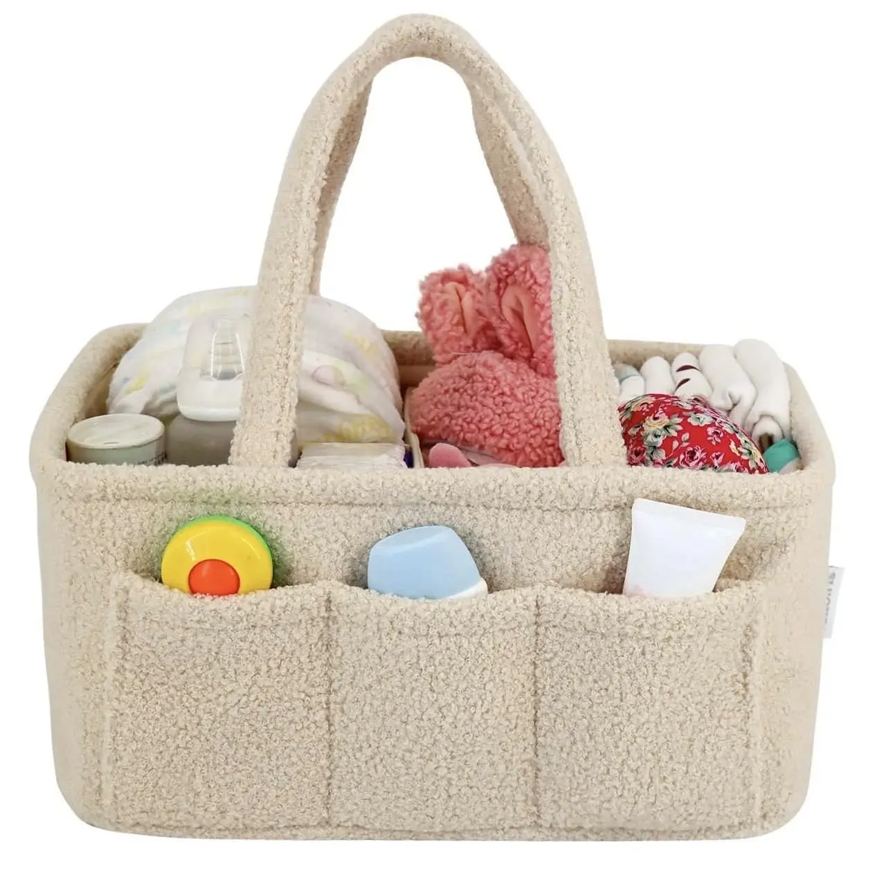 Baby Diaper Caddy Organizer & Cart – Soft Beige Sherpa Diaper Caddy Basket Portable & Space-Saving Storage for Nursery Essentials and Car, Baby Shower Gift with 3 Removable Dividers & 6 Side Pockets _ Diaper Bag Organization, Cute Diaper Bags
