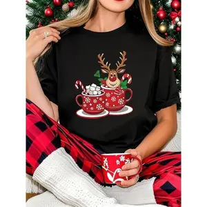 Unisex Funny Christmas Reindeer Hot Cocoa Tunic Tee with Gingerbread and Candy Cane Design Short Sleeve Crew Neck Casual Streetwear Graphic Tee Holiday Essential Casual Christmas Graphic Reindeer T-Shirt