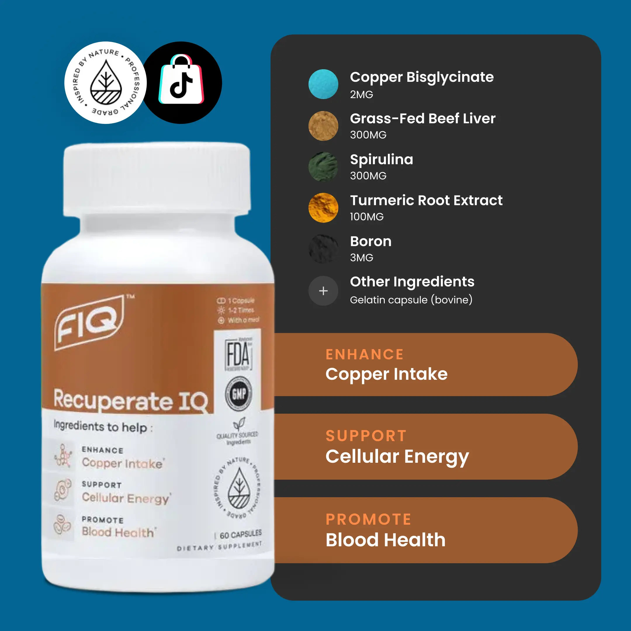 Recuperate IQ Dietary Supplement with Copper Iron Magnesium Zinc Vitamin for Cellular Health Energy Boost 60 Capsules