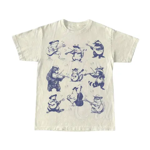 Animal Musicians Vintage Tattoo Style T-Shirt Casual Fitted Round Neck Tee for Men - Retro 90s animal music lovers design with bear guitar, raccoon & frog, streetwear casual fashion, short-sleeve vintage