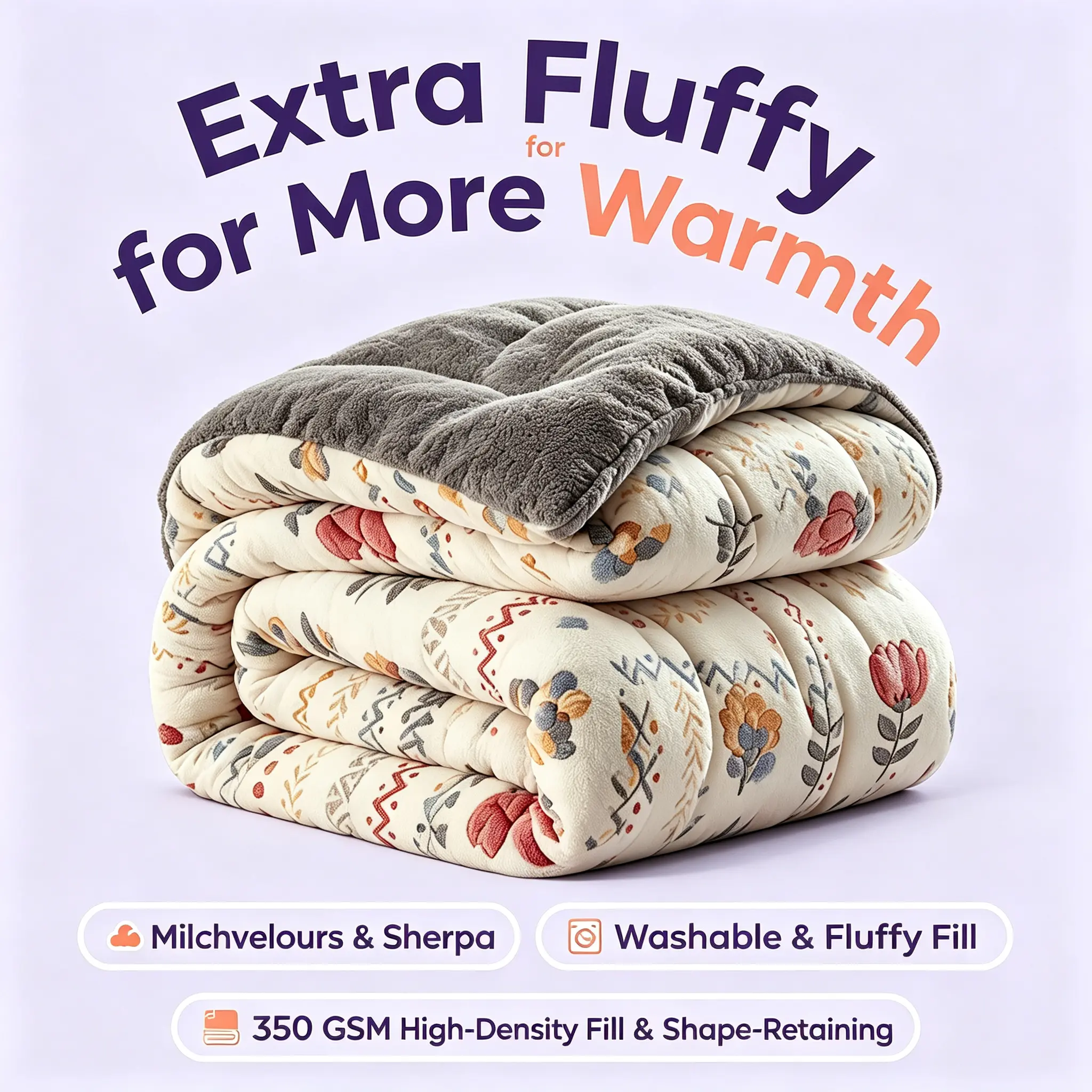 TORAX Skin-Friendly Polyester Floral Print Snow Flannel Comforter - 1-Piece Bedding, Microfiber Warmth-Trapping, Breathable, Wrinkle Res., Ultra Soft Double-Sided, Durable, Machine Washable, No Duvet Cover Needed