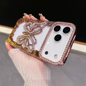 Fashionable and luxurious Bling Diamond Hollow Butterfly Phone Case For iPhone 17 Air 16 15 14 Plus 13 12 11 Pro Max Plating Glitter Shockproof Soft Cover anti-fall screen protector smartphone protective cover