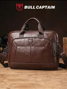 Bullcaptain Men's Leather Laptop Briefcase, Genuine Full Grain Cowhide, Large Capacity Business Bag, Crossbody Shoulder Bag