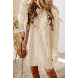 Oatmeal Cable Knit Drop Shoulder Loose Fit Sweater Dress