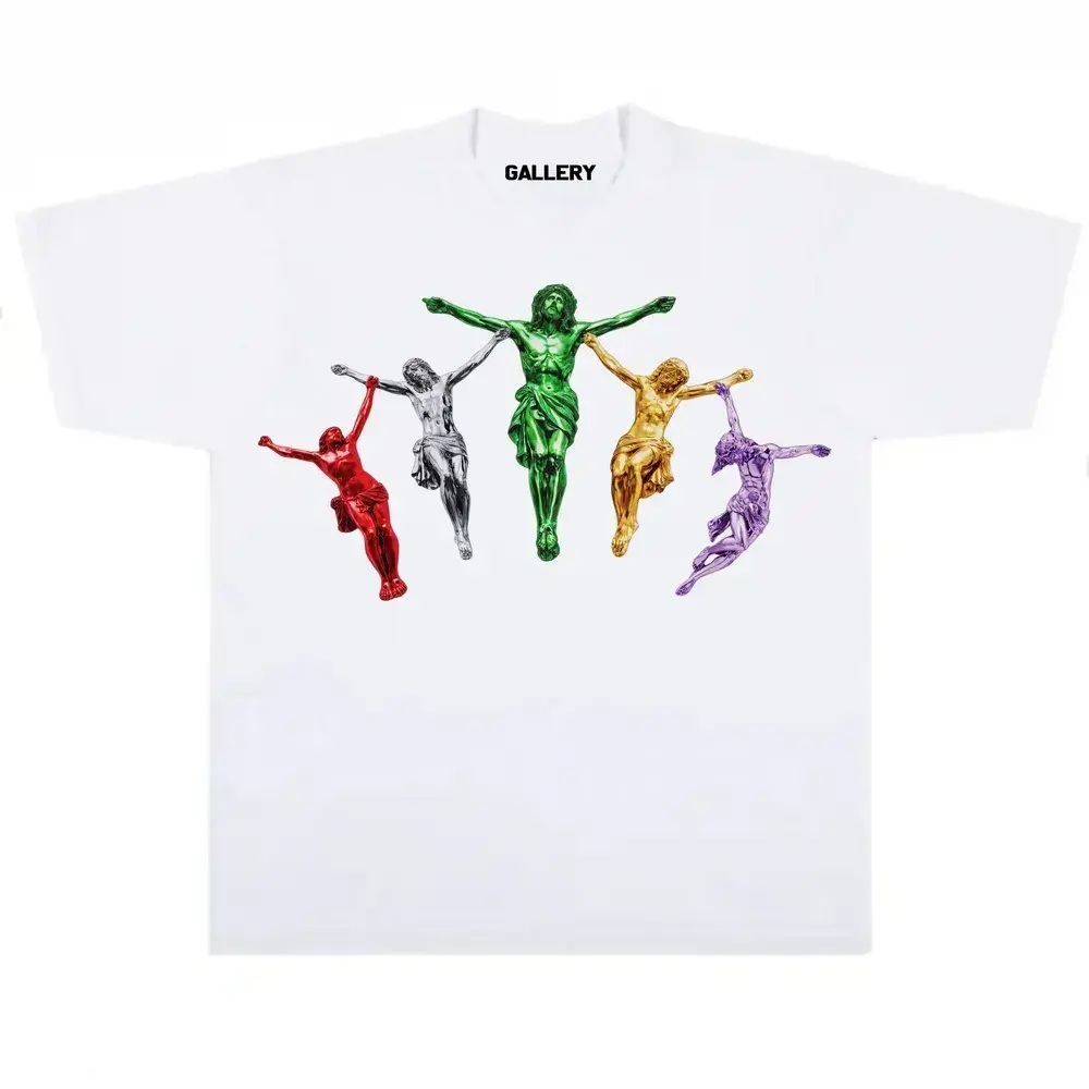 Men's Thick Short-Sleeve Metallic Jesus Graphic T-Shirt, Streetwear Style, Spandex-Blended Garment