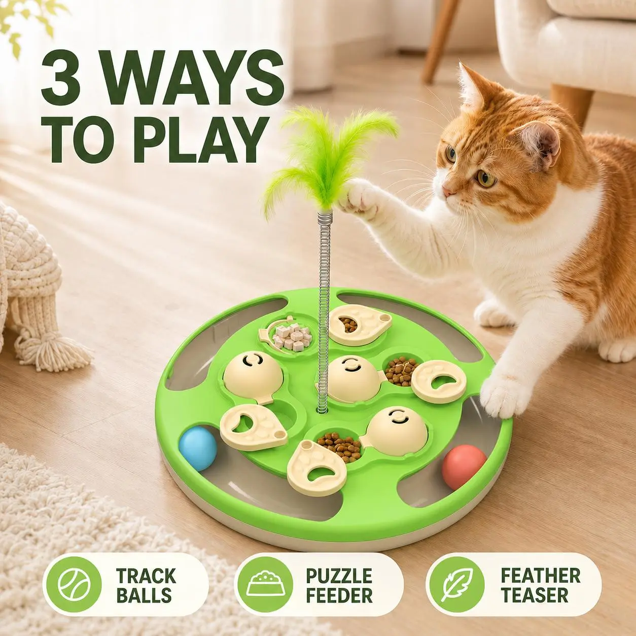 3-in-1 Interactive Cat Puzzle Feeder with Track Balls and Feather Teaser, Non-Slip Treat Dispenser Enrichment Toy for Indoor Cats