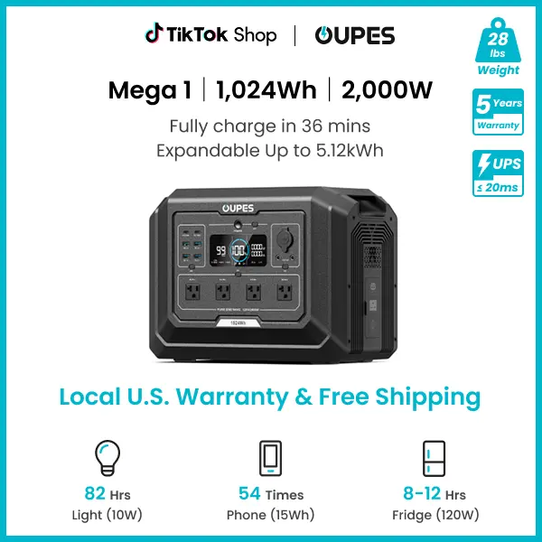 [DealsForYouDays] OUPES Mega 1, 2000W 1024Wh Portable Power Station, LiFePO4 Battery, Solar Generator, 1 Hour Fast Charging, for Home Backup Power, Camping
