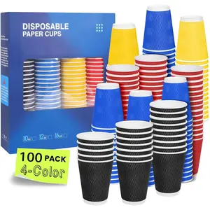12 oz Coffee Cups 100 Pack, 4-Color Corrugated Disposable Paper Cups with Ripple Wall, Insulated for Hot & Cold Drinks, Assorted Colors (Red, Blue, Black, Yellow)