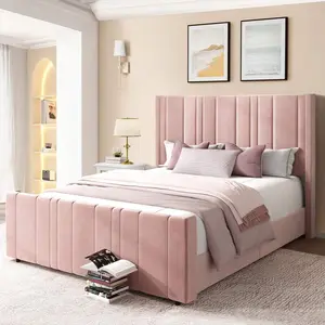 Full/ Queen/ King    Tall Wingback Headboard, Upholstered    Headboard And Footboard, Vertical Channel Tufted Design, No Box Spring Needed, Easy Assembly, Pink/ White/ Grey bed frame with