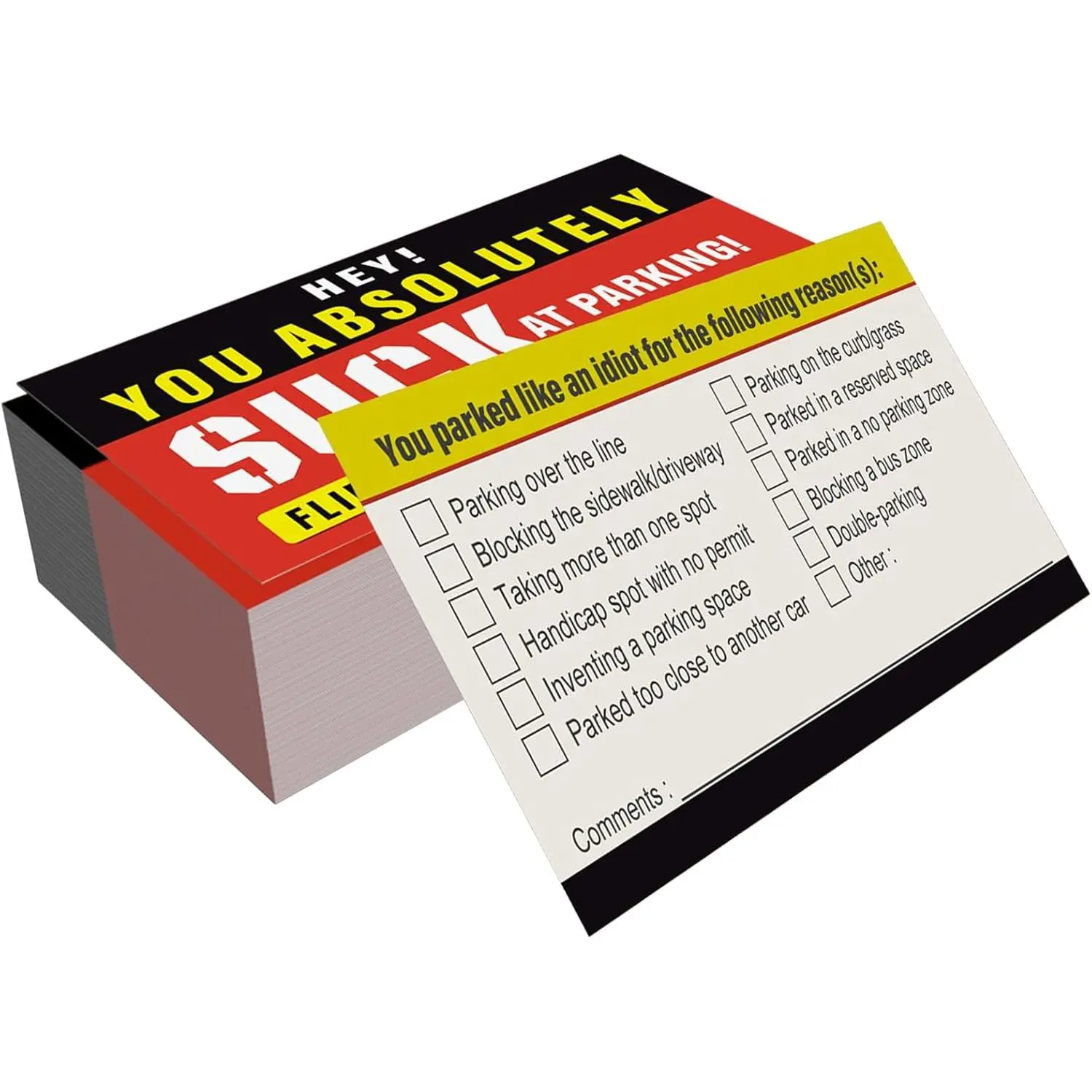 Bad Parking Cards - 100 count You Suck at Parking Cards 3.5"x2" Funny Parking Violation Tickets for Bad Driver Learn to Park