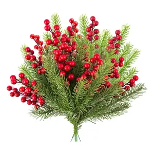 30pcs Artificial Pine Branches Christmas Faux Pine Greenery Stems Red Holly Berries Fake Cedar Pine Needles Picks for Christmas Tree Wreath Garland DIY Crafts Holiday Home Decoration