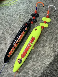 Jumbo 2 Pack: Yellow Chunky (16cm) pre-tied on 8/0 white glow hook and Red October (16cm) pre-tied on 8/0 orange fluorescent hook, both on 100 pound mono leader lines
