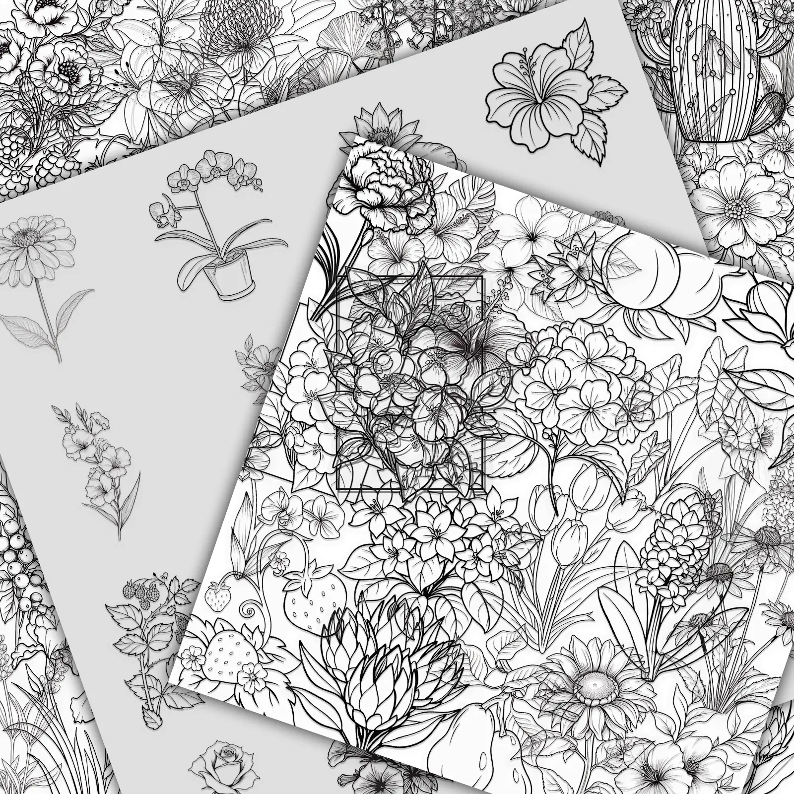 100 pcs (2 identical sets) of Black and White Botanical Themed Transparent Stickers for DIY Journals and Phone Decoration