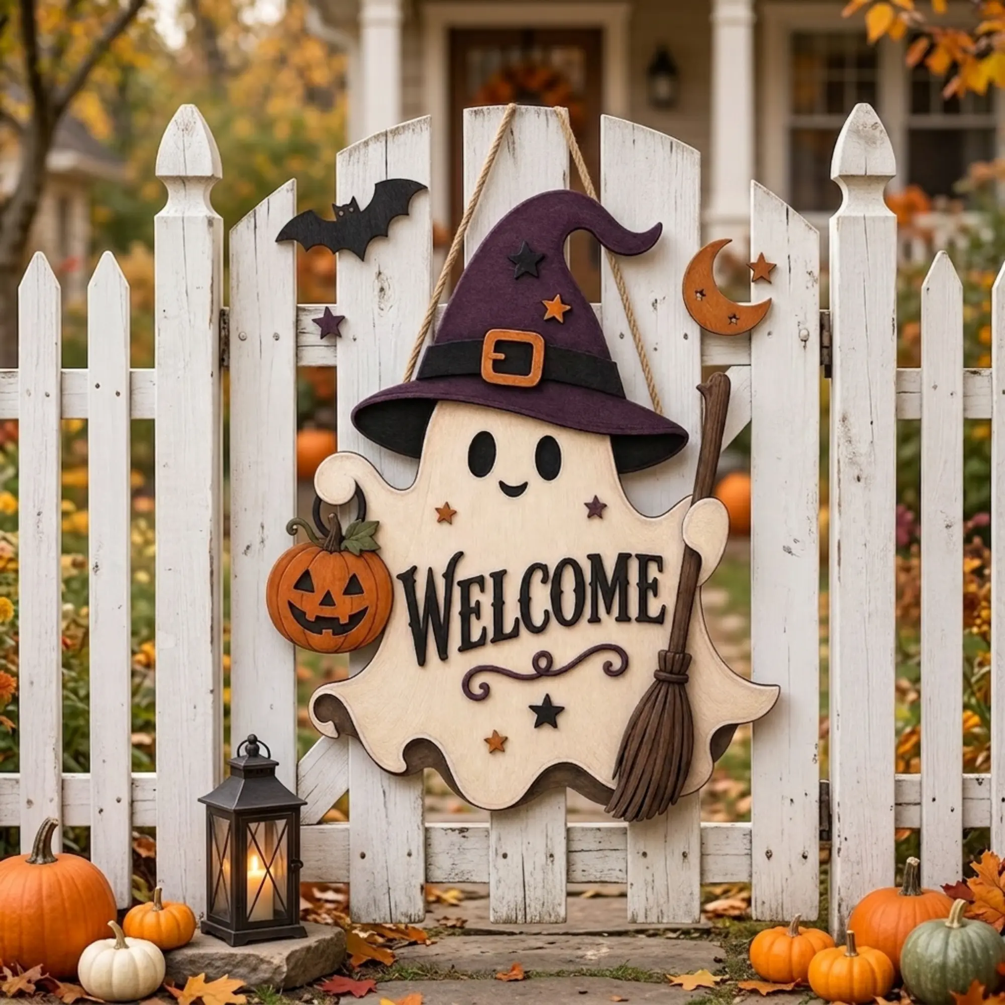 Halloween Wooden Welcome Sign, Vintage Ghost Door Hanger, Spooky Season Porch Decor, Fall Outdoor Decorations