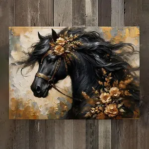 Black Horse Canvas Wall Art - Modern Equine Gold Floral Decor Print for Living Room, Bedroom & Office - Elegant Animal Stretched Canvas Print Artwork Ornaments