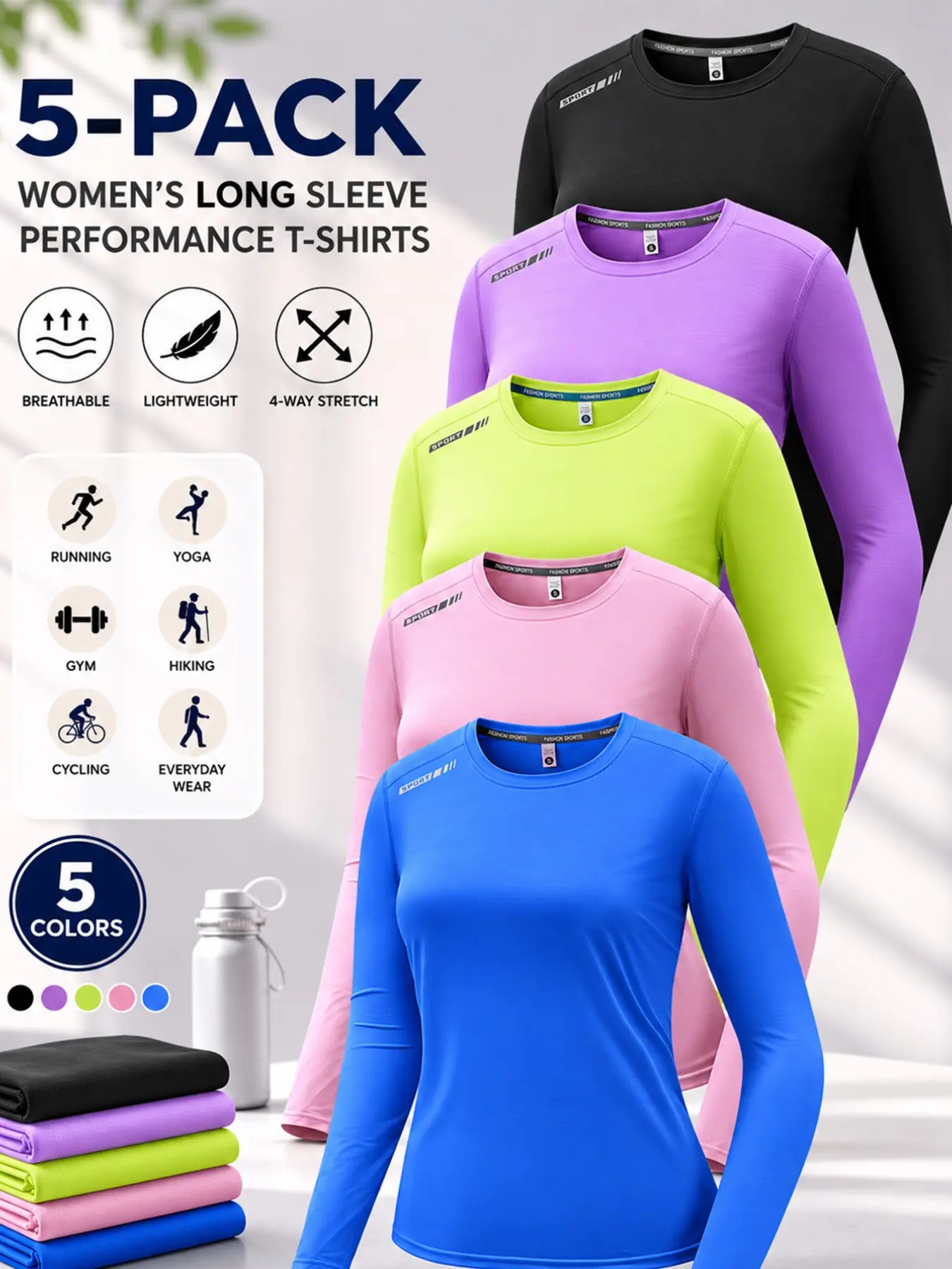 Women's Casual Breathable Quick-Dry Long Sleeve Tops, Fitness Running Tops, 5 Pack Yoga Running Everyday Activewear, Spring & Fall Sportswear, Daily Wear Sportswear, Exercise Activewear