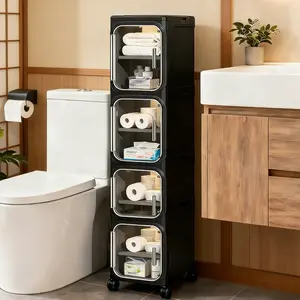 4-Tier Rolling Slim Storage Cabinet on Wheels, Adjustable Shelf Narrow Organizer for Bathroom Kitchen Laundry