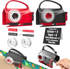 2 Pack Wrapping Paper Roll Cutter & Tape Dispenser Dual Use with 4 Tapes 2 Replace Blades Kit for Christmas Gift Wrap Tool Tube Sliding Slicing for Crafting Wrapping Paper Christmas Birthday Holiday