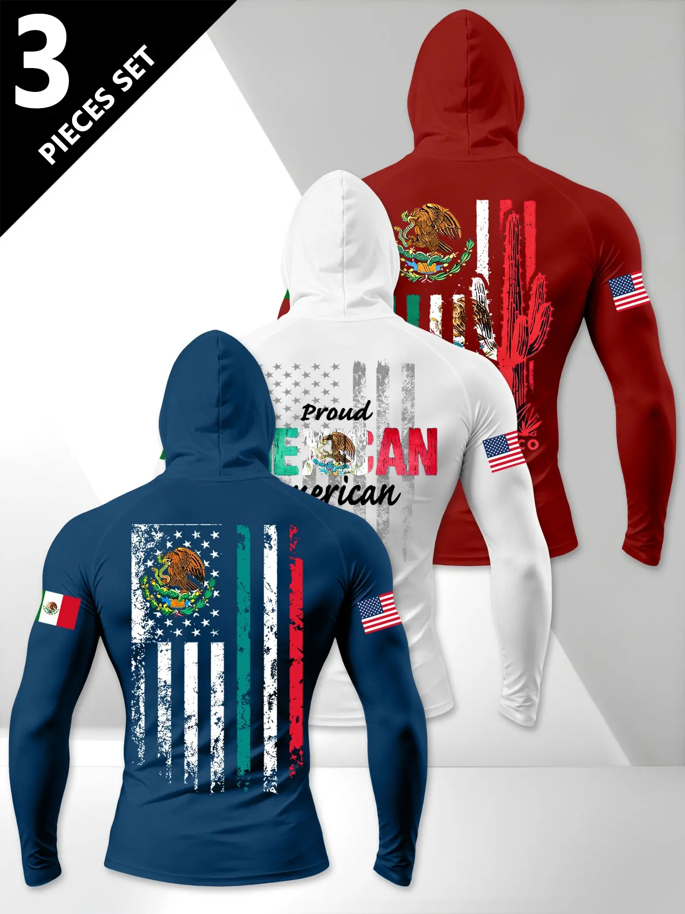 3-Pack Men's Long Sleeve Hooded Sportswear, American Ink Style Graphic Print, All-Season Fitness Wear, Casual Comfortable Daily Use, Athletic Activewear for Gym & Running