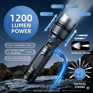 2-in-1 Strong Flashlight (Power Bank), Digital power display, Rechargeable, Zoomable, Waterproof, Adjustable Brightness Flash Light for Outdoor, Emergency, Camping Use