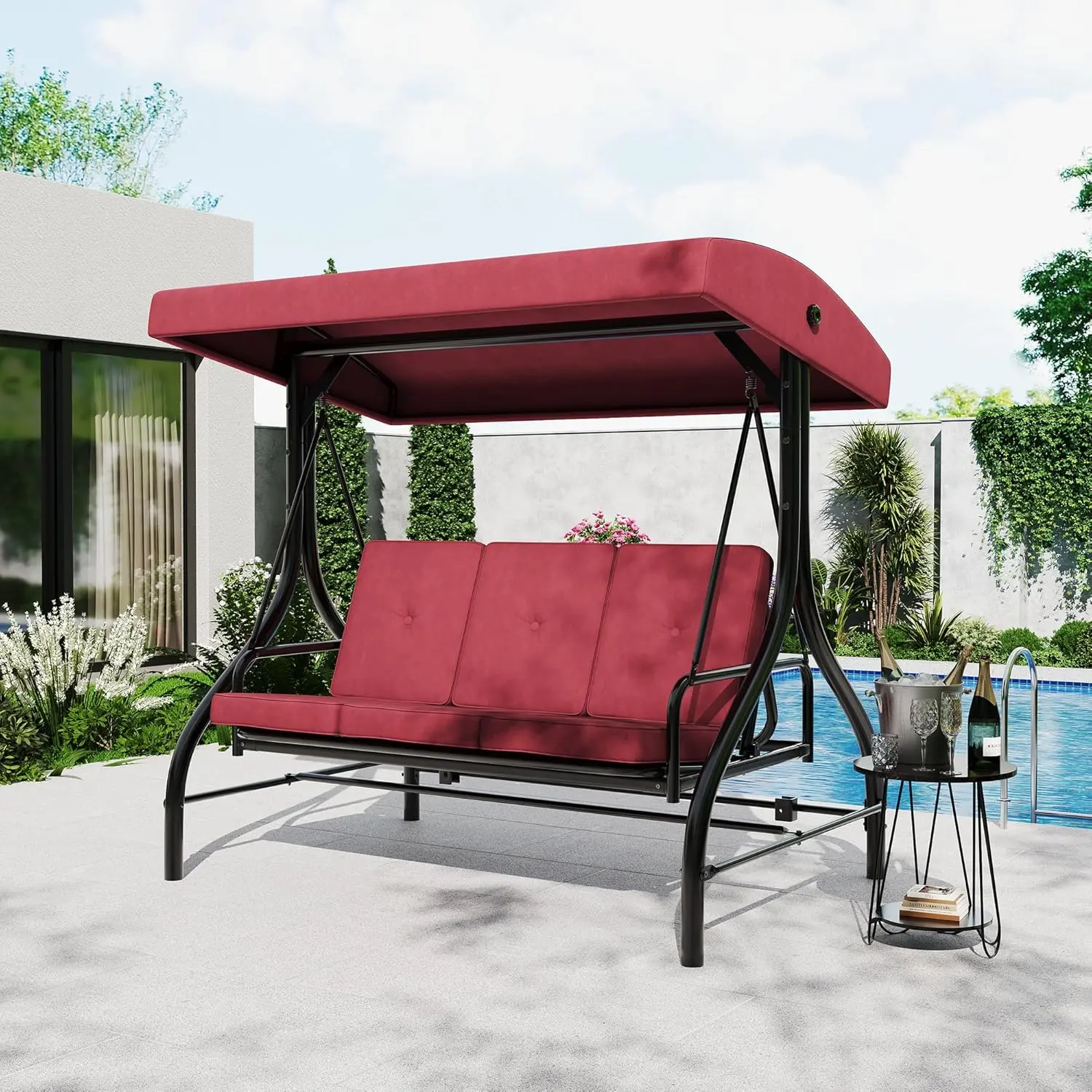 Porch Swing with Stand, 3 Seat Outdoor Patio Swing, 2-in-1 Convertible Swing Bed, Stepless Adjustable UV Resistant Waterproof Canopy, 800 Lbs Capacity, Cushioned Swing for Garden Backyard
