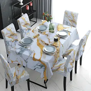 5/7 Pcs 2D Flat White Gold Marble Texture Tablecloth & Chair Cover Set, Stretch Washable Removable Dining Chair Slipcover, Modern Luxury Elegant Home Dining Wedding Banquet Chair Protector Decor, Removable Washable Slipcovers