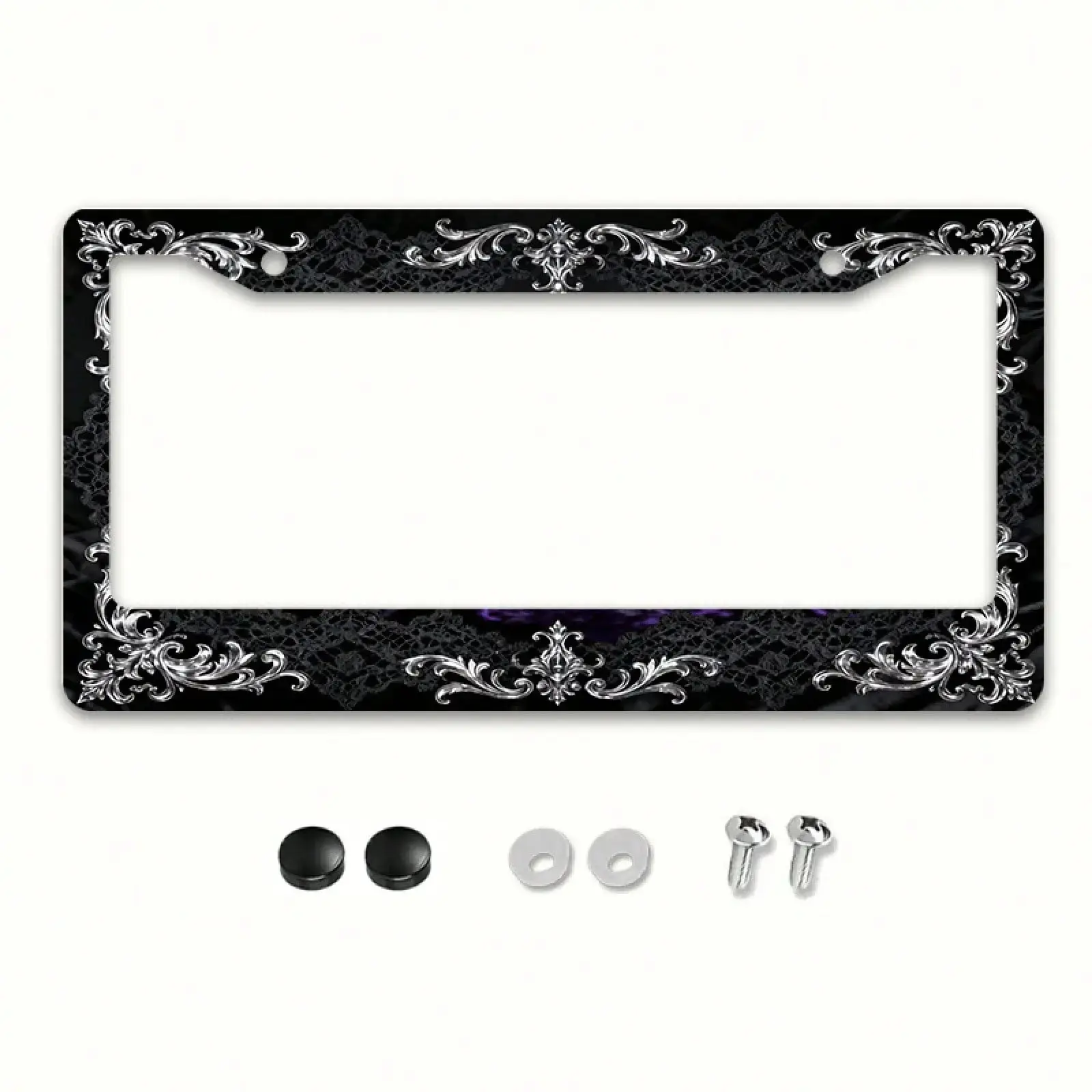1pc Vintage Silver Metal License Plate Frame - Luxury Engraved Black Lace Car Tag Holder with Screws, Antique Dreamy Style Auto Decor Car Accessories Auto Parts Accessories License Plate Cover Fits US 12x6in