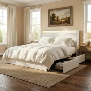 Garvee Queen and Full Size Bouclé Upholstered Platform Bed Frames in Cream and Beige with 4 Storage Drawers, Upholstered Headboard, LED Light, Wooden Slats Support, No Box Spring Needed, Easy Assembly, Noise-Free, and Charging Station