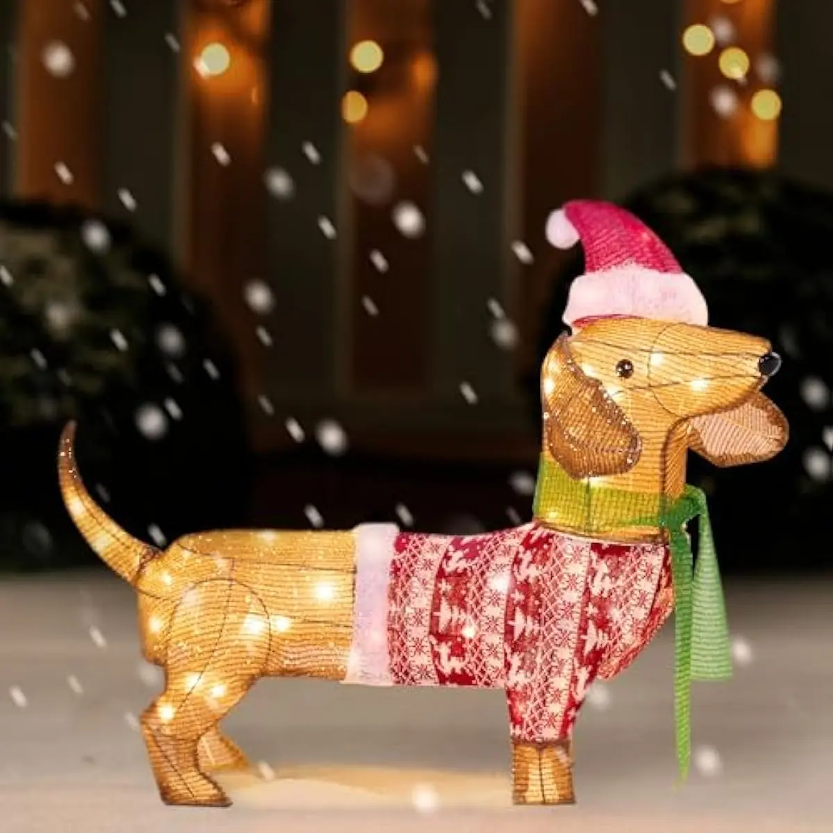 Lighted Wiener Dog Christmas Decorations Outdoor, 40 LEDs Warm White Tinsel Dachshund Lights for Christmas Yard Decor, Light Up Xmas Lawn Ornaments with Metal Stakes for Outside Porch Garden