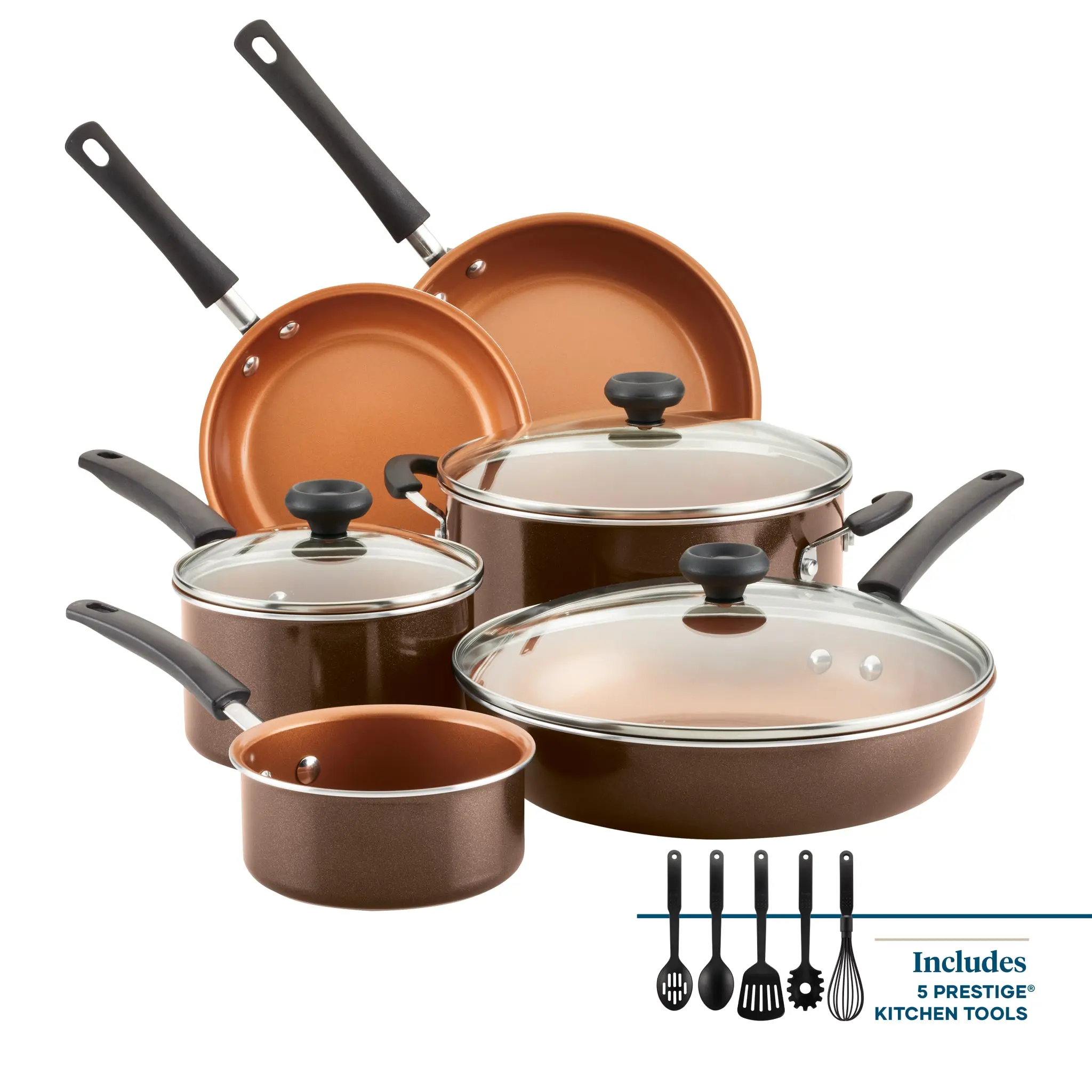 14-Piece Ceramic Nonstick Cookware Set with 5 Prestige Kitchen Tools - Includes 1-Quart Saucepan, 2-Quart Saucepan, 5-Quart Dutch Oven, 8.5-Inch & 10-Inch Deep Frying Pans, Slotted Turner, Slotted Spoon, Pasta Fork, Solid Spoon, and Whisk