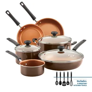14-Piece Ceramic Nonstick Cookware Set with 5 Prestige Kitchen Tools - Includes 1-Quart Saucepan, 2-Quart Saucepan, 5-Quart Dutch Oven, 8.5-Inch & 10-Inch Deep Frying Pans, Slotted Turner, Slotted Spoon, Pasta Fork, Solid Spoon, and Whisk
