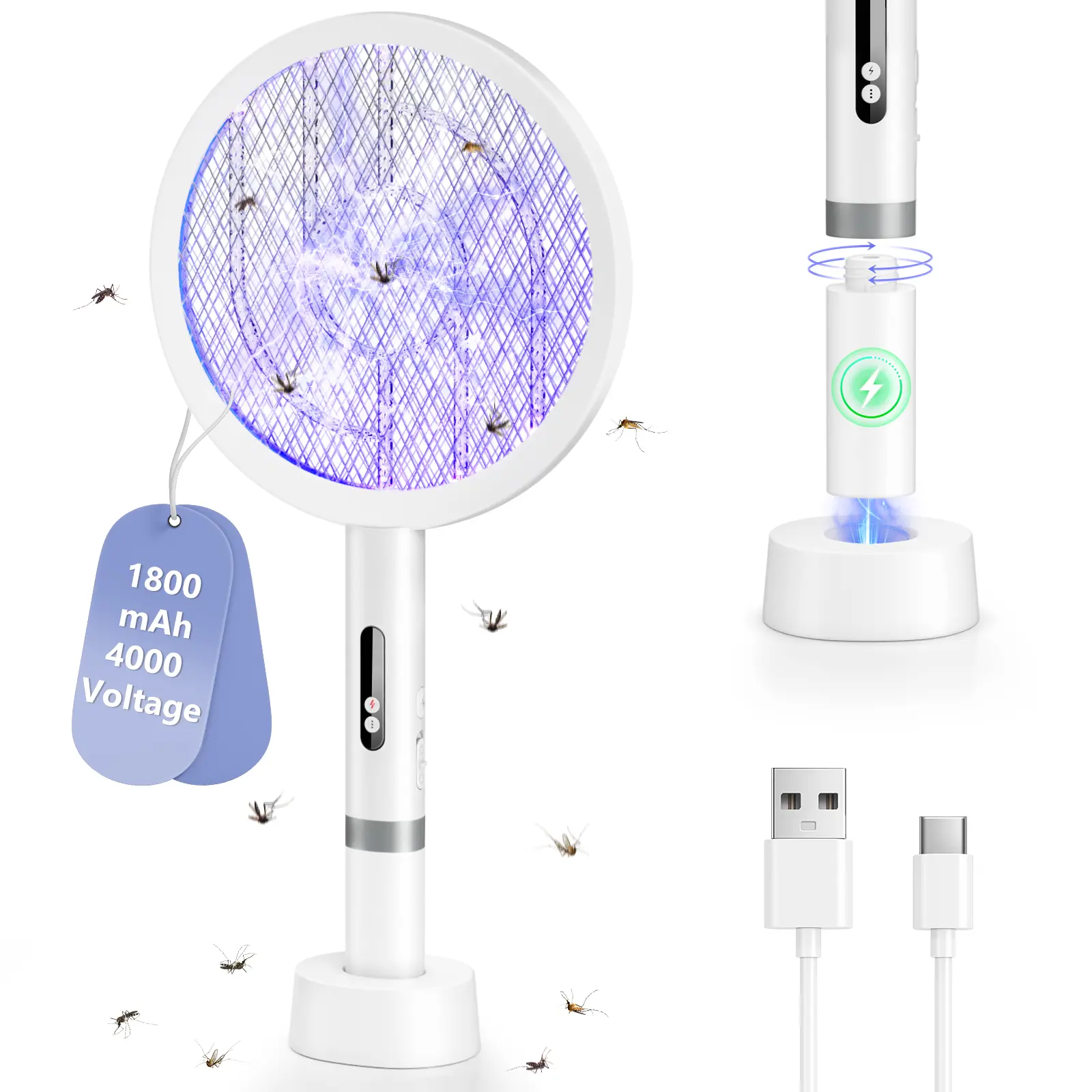 Electric Fly Swatter 4000V Bug Zapper Racket with Dual Modes & UV Attracting Light, Rechargeable Mosquito Killer for Home, Kitchen, Office, Backyard, Patio & Camping