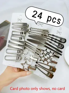 24pcs Hair Clip Set Women's Silver Tone Cute Fashionable Hair Clips With Star And Cloud Design, Suitable For Short Hair Daily Wear Casual Wavy Claw Clips Hair Claws Hair Barrettes, School Stuff, Super Cute Clips, Hair Accerssories