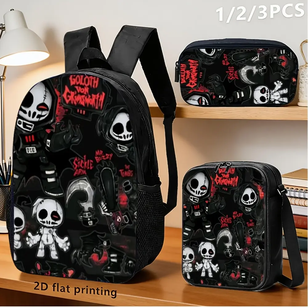 3PCS Unisex Dark Gothic Chibi-Style Grim Reaper Print Backpack Set, 15-in Laptop Fit Synthetic Waterproof Cloth Bag for Teens, School Supplies College Daily Use, Black-Red Horror Vibe Lunch Box + Pencil Case, Breathable Straps, Lightweight, Hand Wash Only