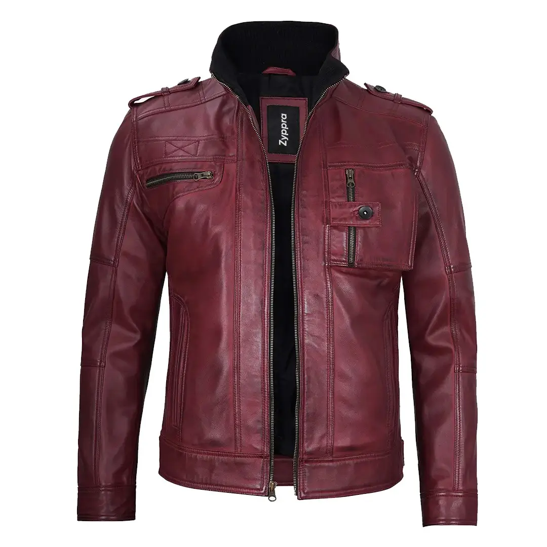Men's Maroon Waxed Biker Leather Jacket – Bold & Durable Motorcycle Outerwear